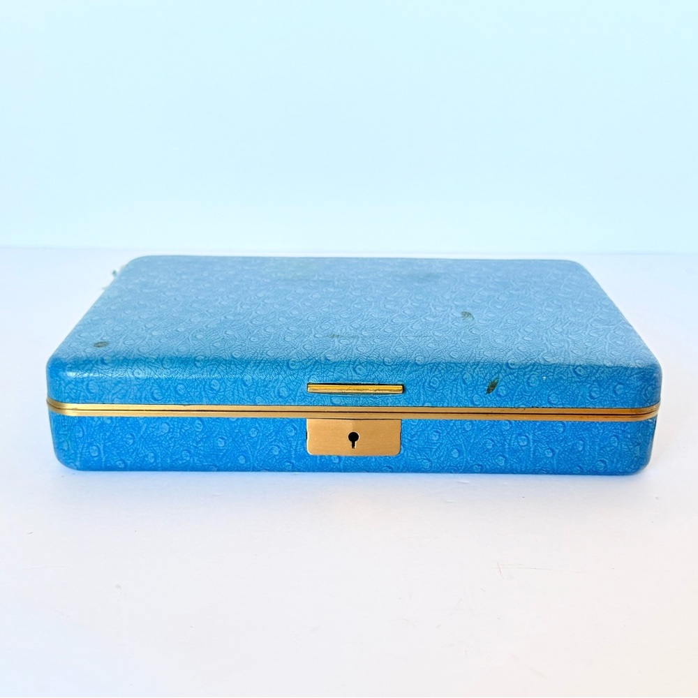 Farrington Genuine Texol Travel Jewelry Box Blue Ostrich Velvet Lined AS IS